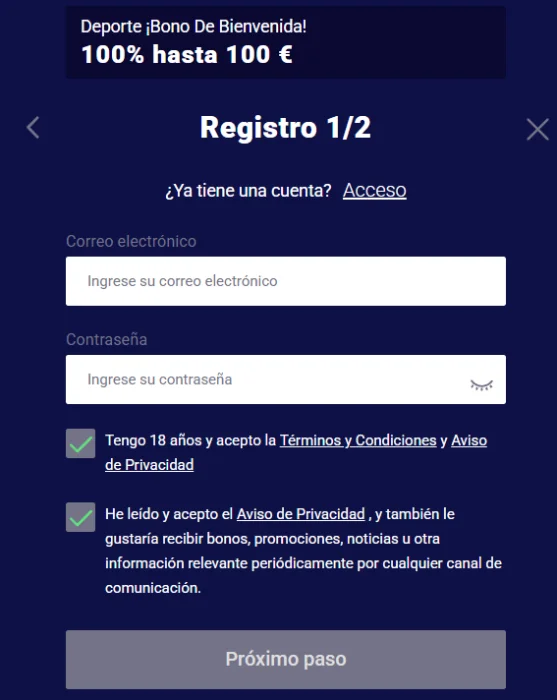 Frumzi Casino Registro con Bono Deportivo Frumzi Casino formulario de registro con bono deportivo de bienvenida del 100% hasta 100 €