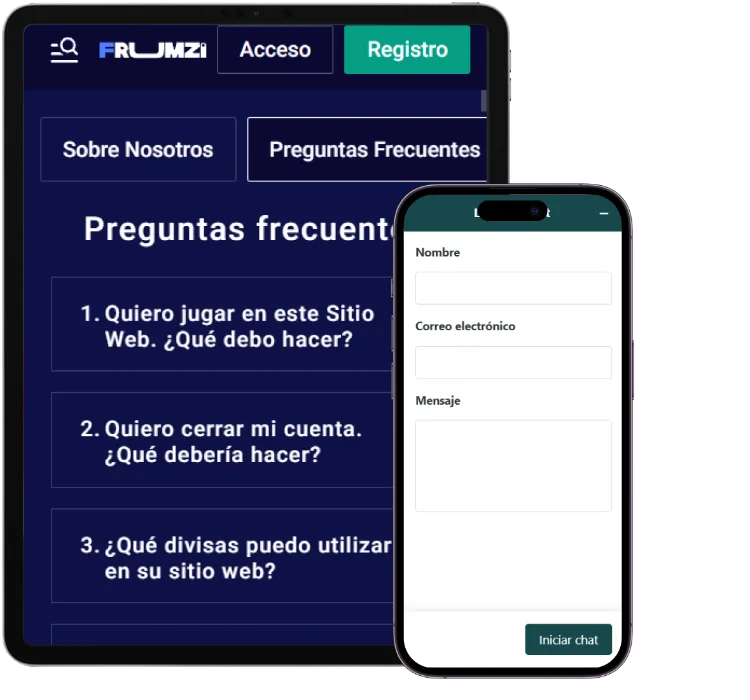 Frumzi Casino Preguntas Frecuentes y Soporte Frumzi Casino sección de preguntas frecuentes con formulario de soporte por chat en vivo